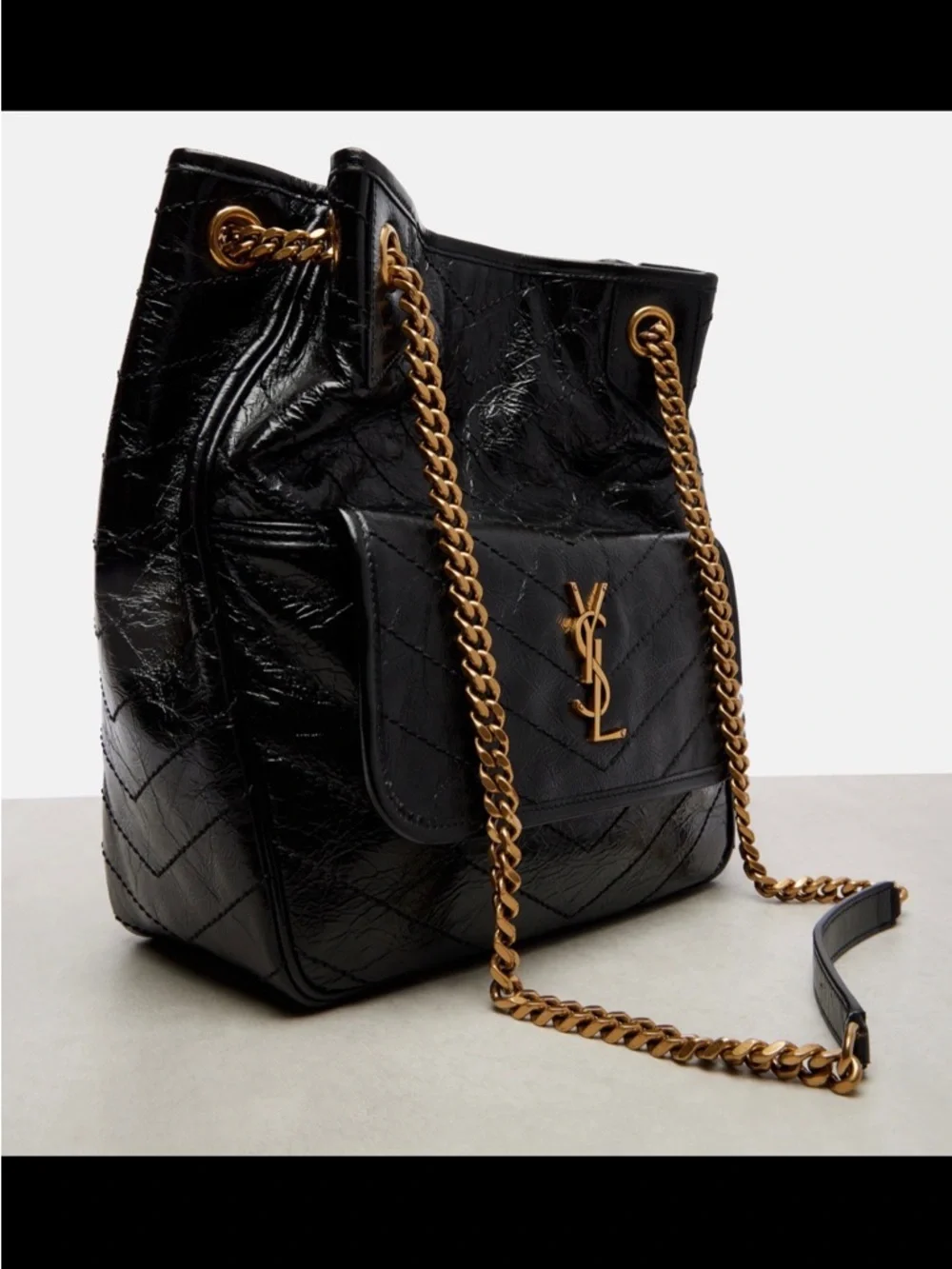 NWOT Saint Laurent Black Quilted Patent Leather Tote with Gold Chain Handles - Picture 2 of 6